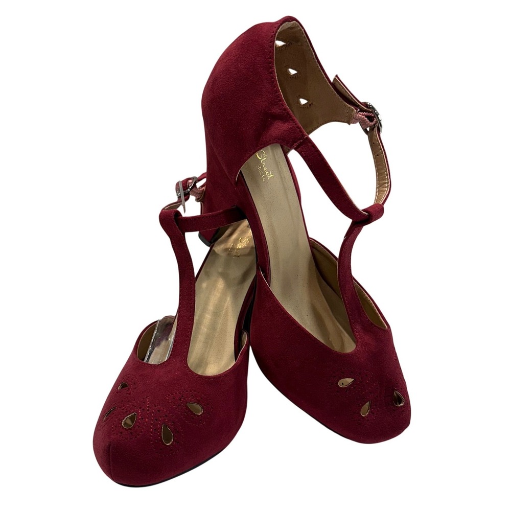 Graham Street Shoes‎ Burgundy Suede Cutout T Strap Heels Women's Size 9W